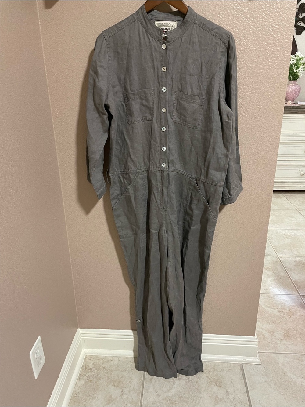Chelsea & Violet Button-Front Gray Linen Jumpsuit